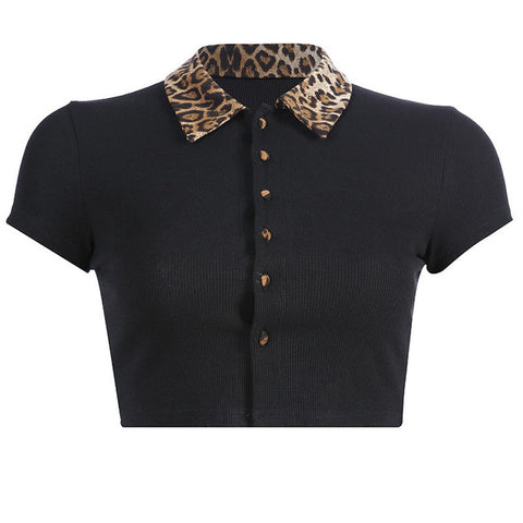 Leopard Collar Crop Top