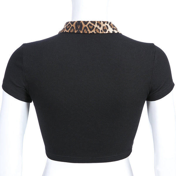 Leopard Collar Crop Top