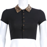 Leopard Collar Crop Top