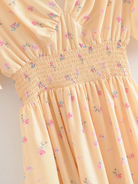 Yellow V-Neck Floral Dress